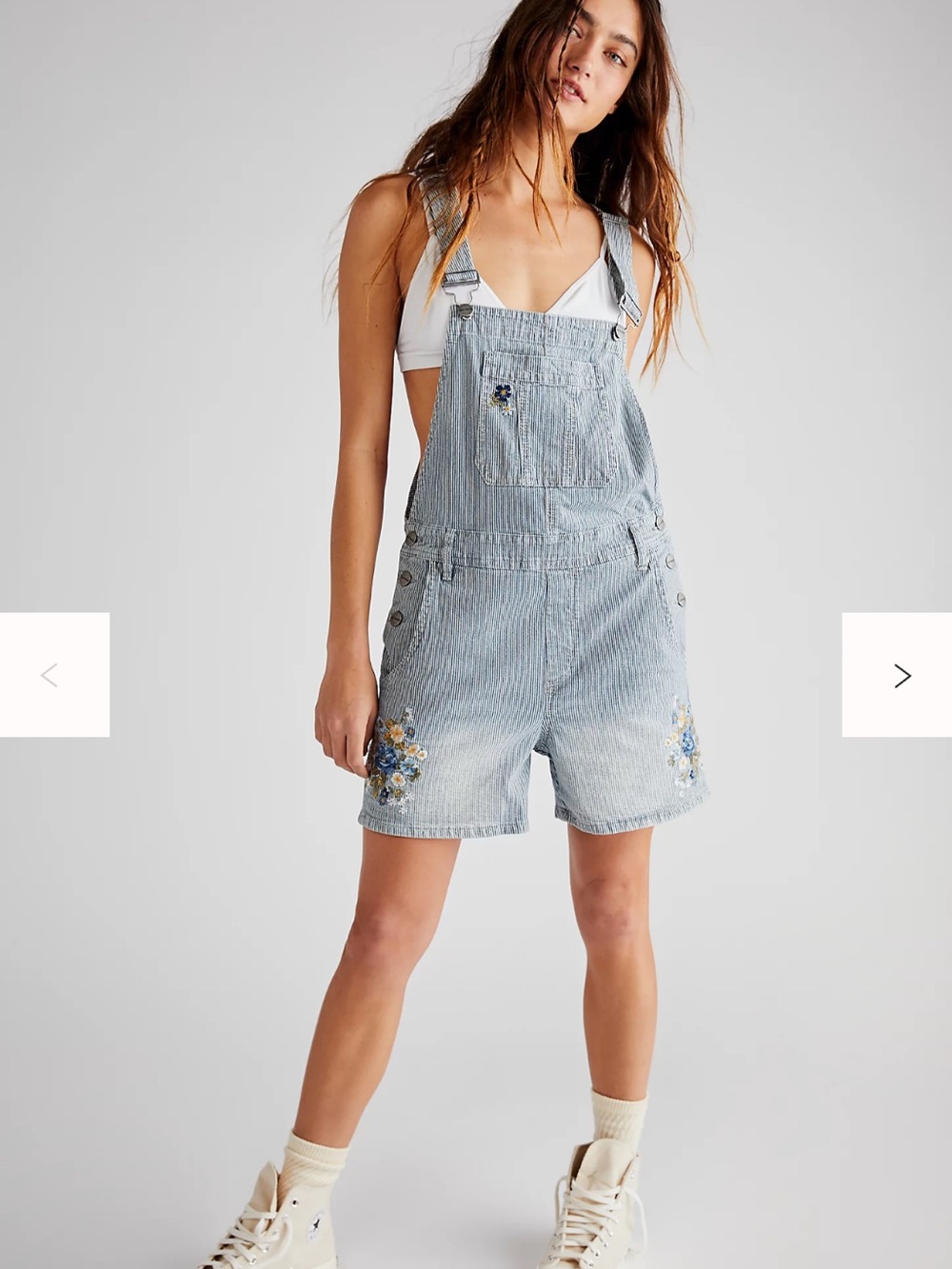 DRIFTWOOD x FreePeople Blue and White Striped Cotton Embroidered Floral Shortall